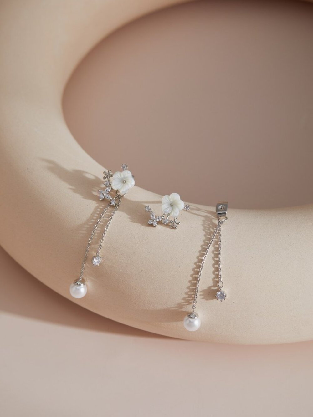 White Gold Floral Pearl Drop Earrings Bridal 925 - Picture 3 of 5